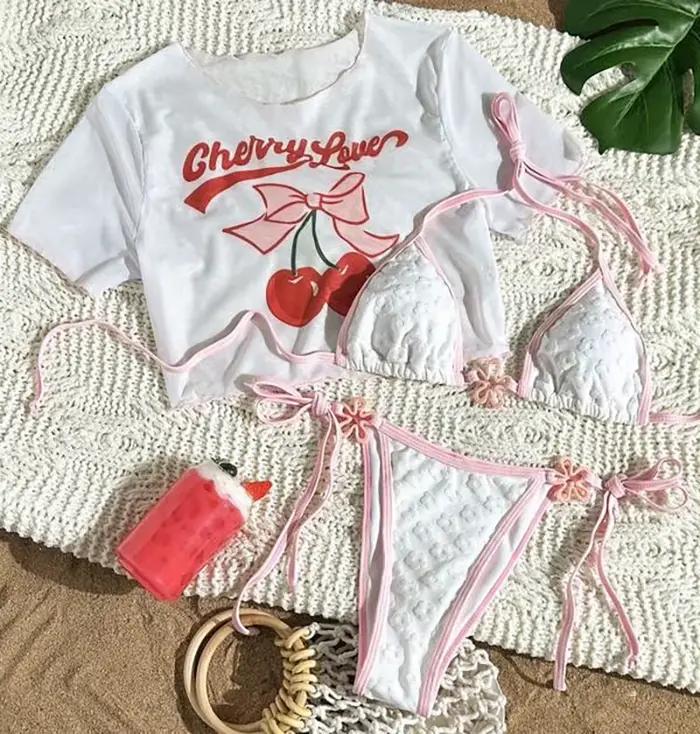 Sexy Triangle Bikini femmes cerise noeud Bikinis à manches courtes trois pièces fendu maillot de bai
