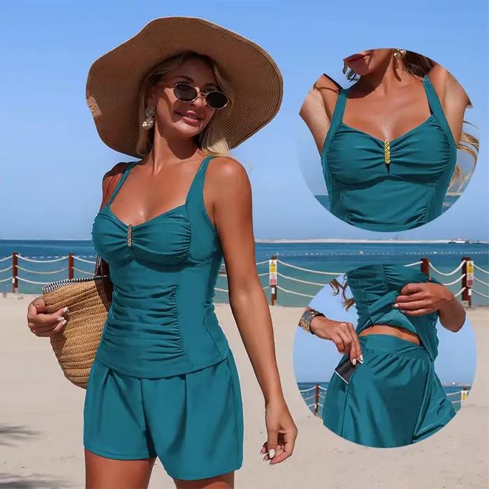 Maillot de bain tankini halter pour femmes effet ventre plat col en V avec shorty de bain à poches couleur unie plage vacances spa croisière