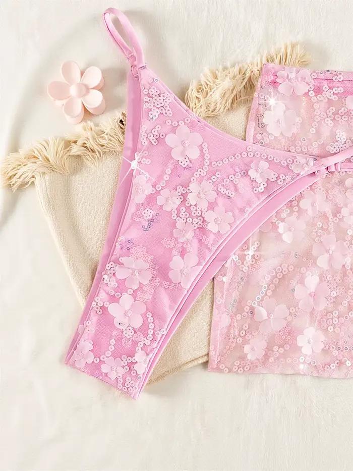 Ensemble de maillot de bain 3 pièces rose pailleté brillant avec soutien-gorge push-up et string