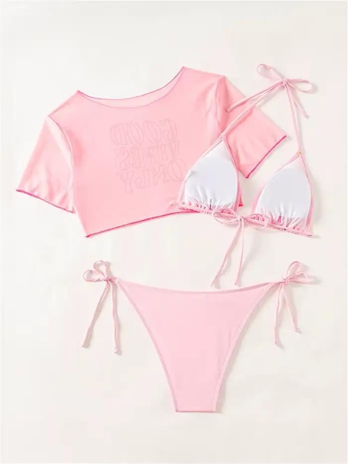 Bikini femme rose sexy à bretelles avec manches courtes et lettres, ensemble de plage estivale haut de gamme pour femmes occasions spéciales