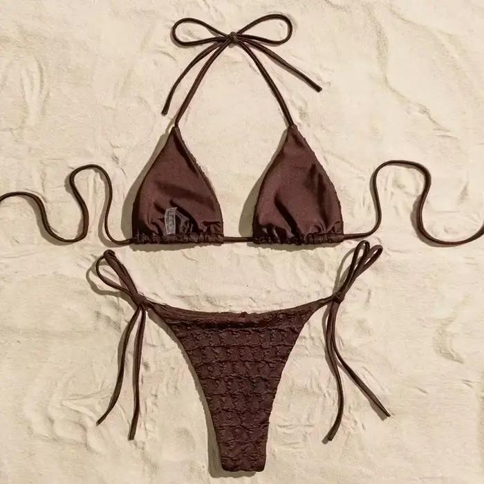 Femmes solide marron Micro Bikini ensemble String licou Triangle