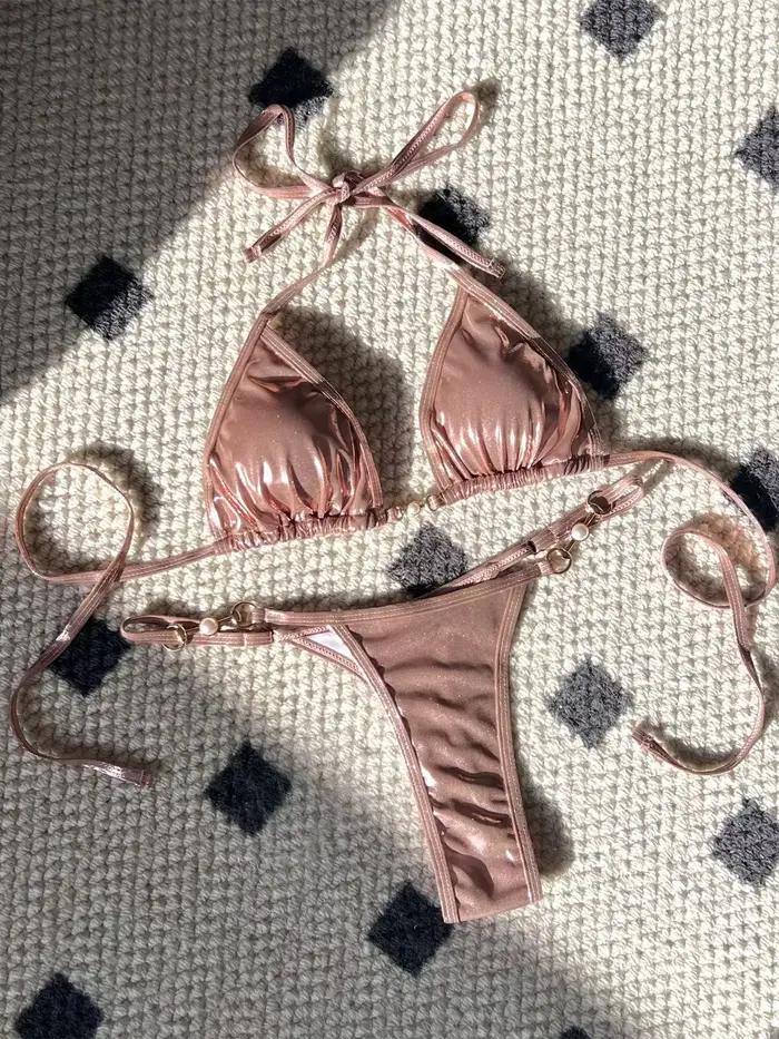Micro Bikini Rose Brillant 2026 Femme Sexy Push Up String Maillot de Bain Ete Bandage Occasions Speciales