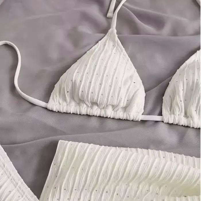 Ensemble de maillots de bain 3 pièces pour femme, style halter, avec string sexy et paréo, collection été 2025, blanc, tenue de plage, vacances, fête à la piscine, plage, sports nautiques