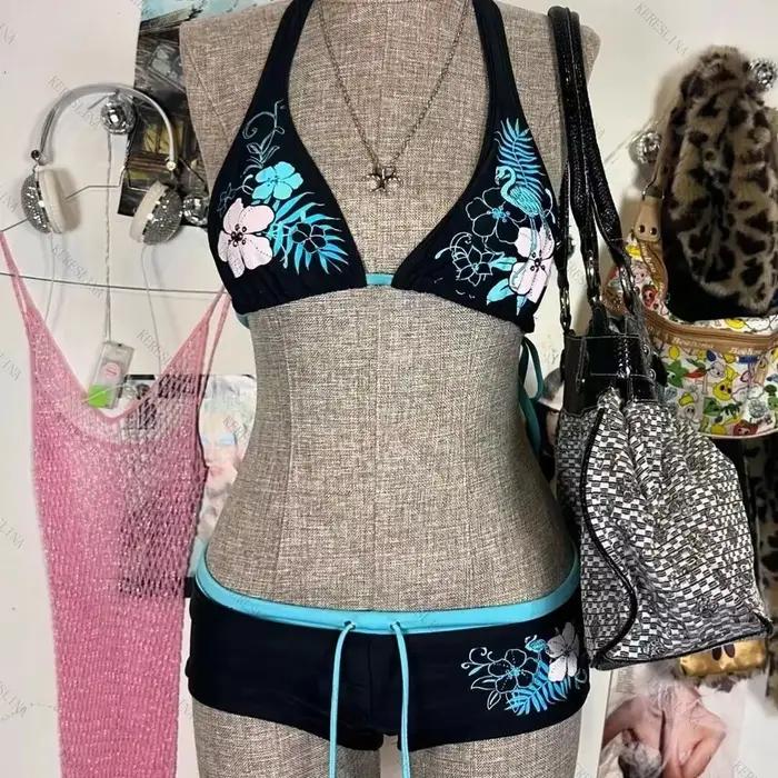 Sexy Hottie imprimé lacé dos nu Bikini 2 pièces ensemble femmes maillot de bain fendu plage