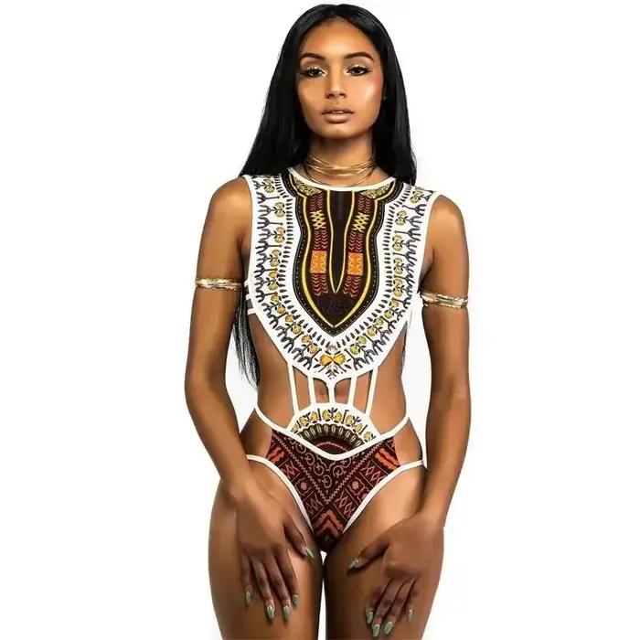 Maillot de bain une pièce dashiki africain avec motif grille rayé pour femmes, vêtements de plage, styles de nage, occassions estivales