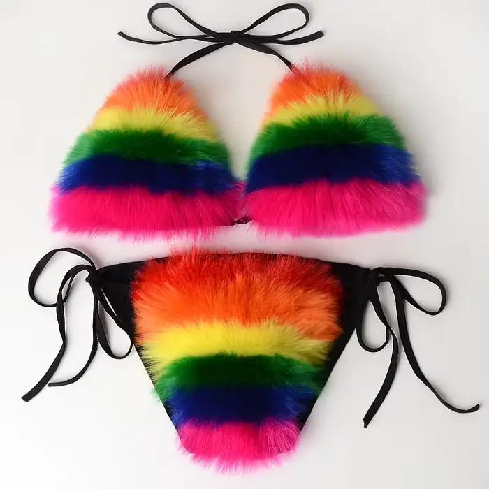 Arc-en-ciel rayé femmes en peluche fourrure Bikinis ensemble maillot de bain sport fausse