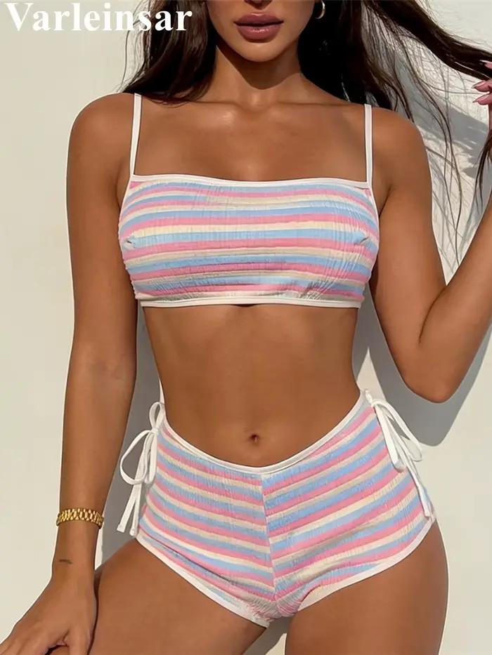 Bikini rayé taille mi-haute femme ensemble deux pièces avec short rembourré activité plage vacances piscine sports nautiques croisière polyester élasthanne ajustement parfait