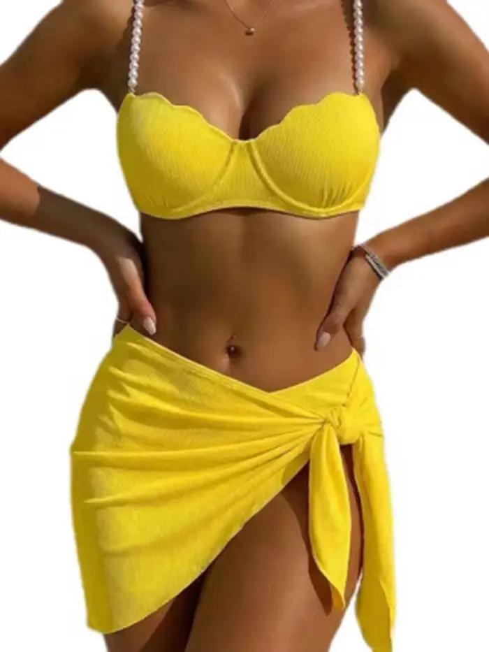 Ensemble de maillot de bain femme avec perles, bikini halter, jupe paréo fendue, nouveau style de plage, tenue de vacances et de fête à la piscine, idéal pour les spas et sources chaudes