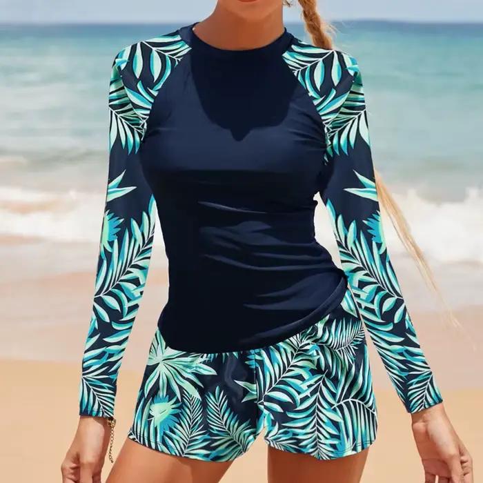 Maillot de bain deux pièces Tankini femme manches longues fleurs imprimées polyester élasthanne ajustement parfait pour surf piscine et plage