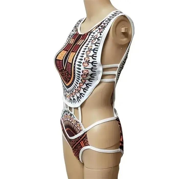 Maillot de bain une pièce dashiki africain avec motif grille rayé pour femmes, vêtements de plage, styles de nage, occassions estivales