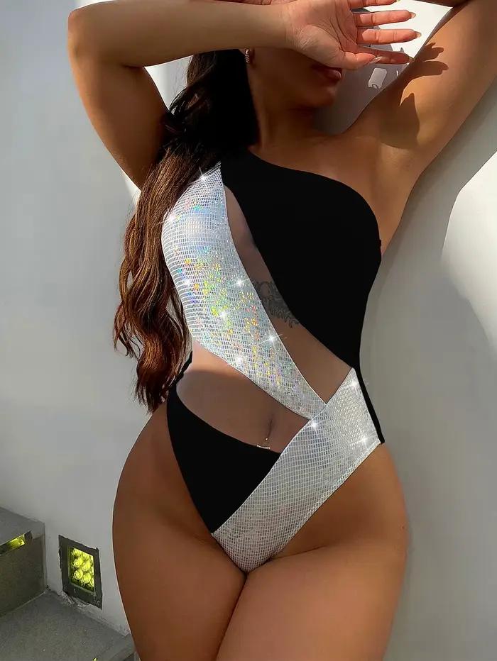 Maillot de bain une pièce scintillant pour femme, monokini sexy évidé, bikini de luxe asymétrique, maillot de bain brillant, polyester et élasthanne, style une épaule, pour nager, plage, piscine, occasions spéciales