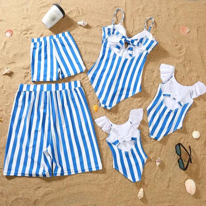 Maillots de bain assortis imprimés rayés pour femme, fille, homme, garçon - tenue de plage pour les vacances idéale pour toute la famille occasions spéciales