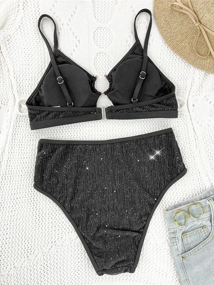 Maillot de bain féminin Veinkueeni à découpes scintillantes, bikini taille haute, ensemble deux pièces pour femmes style de plage occasions spéciales