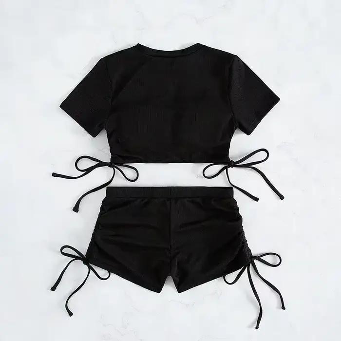 Ensemble de maillots de bain noir pour femmes avec haut court et short, côtelés, taille haute, amovible padding, pour plage et soirées estivales