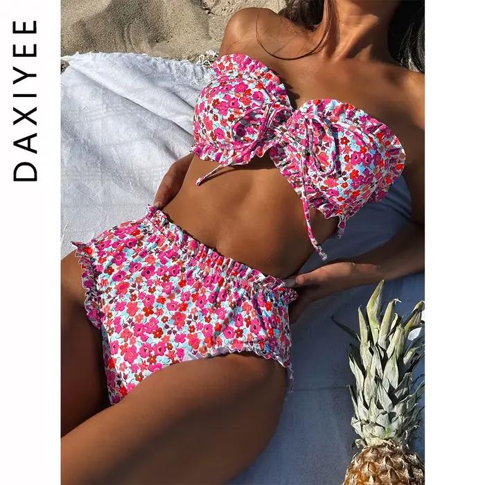 Bikini imprimé fleuri à épaules nues pour femme, ensemble deux pièces, taille haute, plissé, plage, mariage, vacances, piscine, spa, sources chaudes, sports nautiques, quotidien, croisière