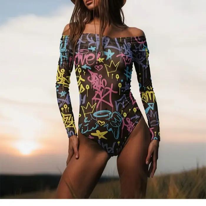 Maillot de bain une pièce femme taille haute manches longues protection solaire estivale plage ocasions spéciales nage游泳翻译成中文