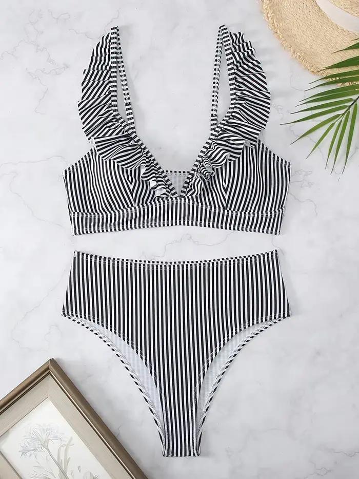 Bikini Femme Rayé à Volants Style Plage Taille Haute Bikinis Ensemble Maillot de Bain Push Up Occasions Plage Piscine Spa Croisière