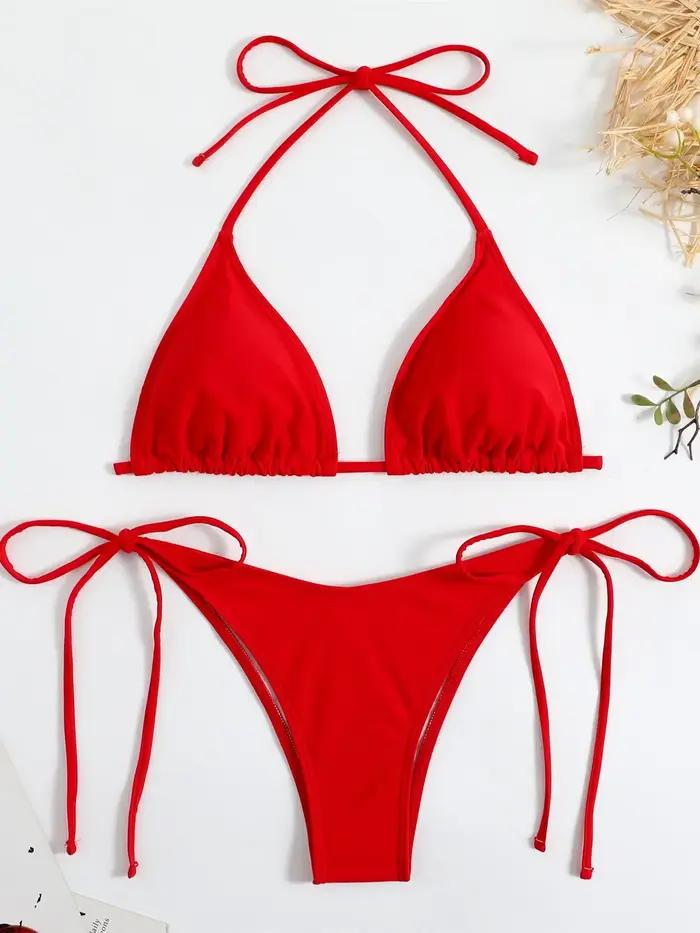 Bikini rouge licou push-up élégant pour femmes, ensemble de maillots de bain à lacets, bikini 2024, pour femmes occasions estivales