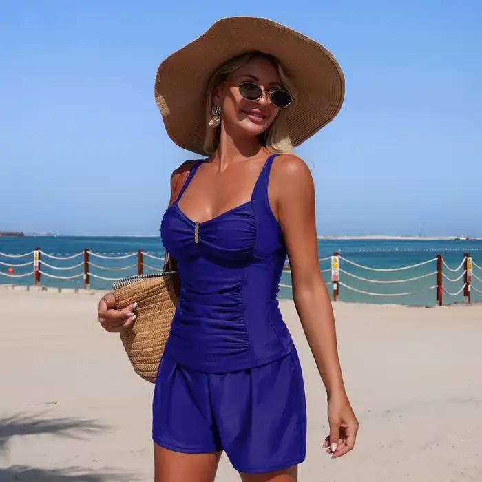 Maillot de bain tankini halter pour femmes effet ventre plat col en V avec shorty de bain à poches couleur unie plage vacances spa croisière
