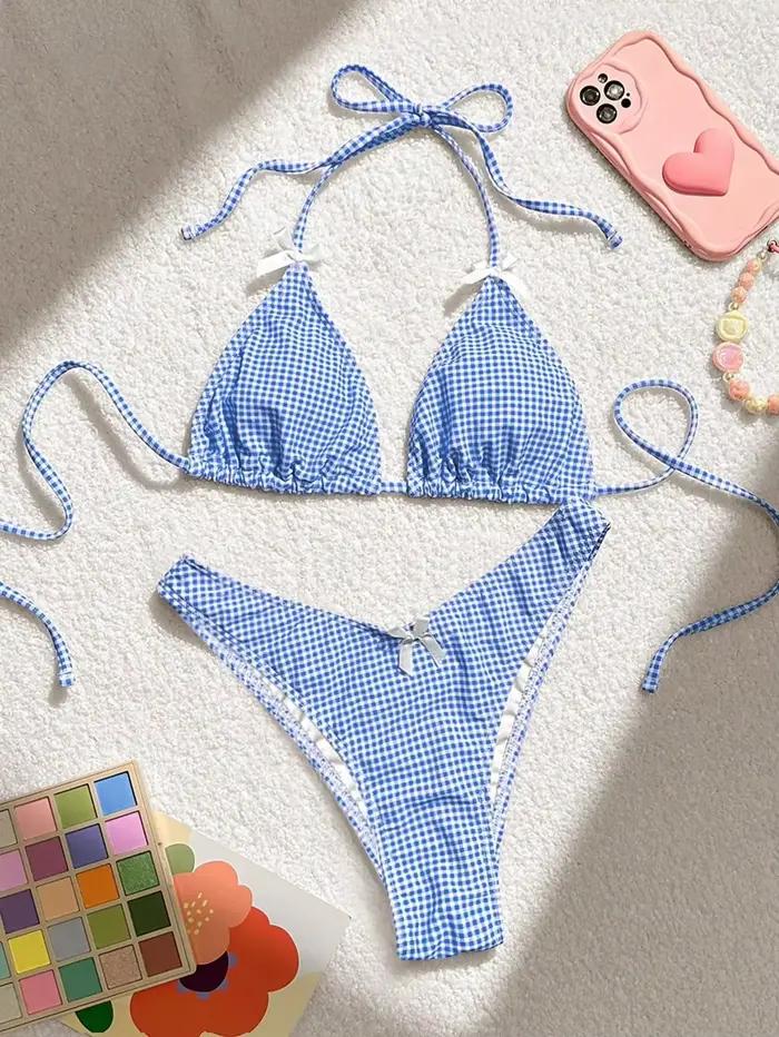 Maillot de bain deux pièces imprimé à carreaux bleus pour femmes, sexy, bretelles avec nœud, dos nu, ensemble Bikini taille haute, string, plage, mariage, vacances, fête à la piscine, spa et sources chaudes, sports nautiques, quotidien comme mode, croisière