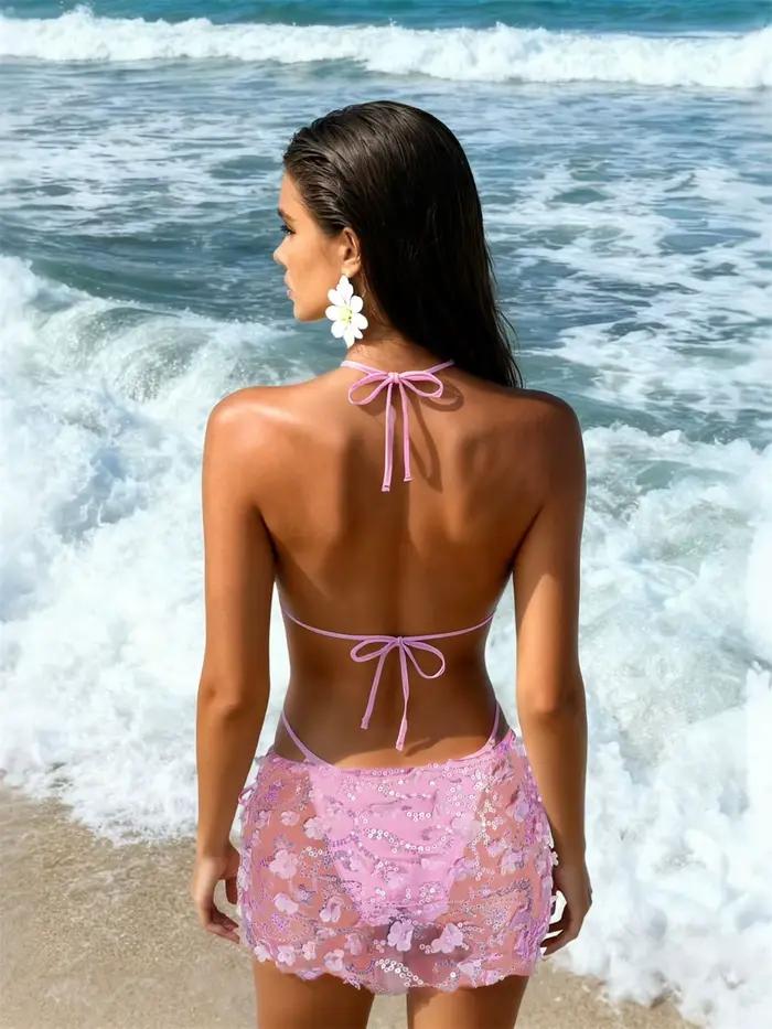 Ensemble de maillot de bain 3 pièces rose pailleté brillant avec soutien-gorge push-up et string