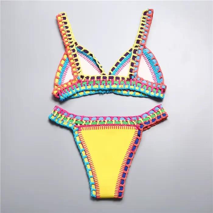 Bikini Crochet 2026 Fait Main Tricoté Patchwork Réversible 2 Pièces Maillot de Bain Femme Halter Top Brésilien String