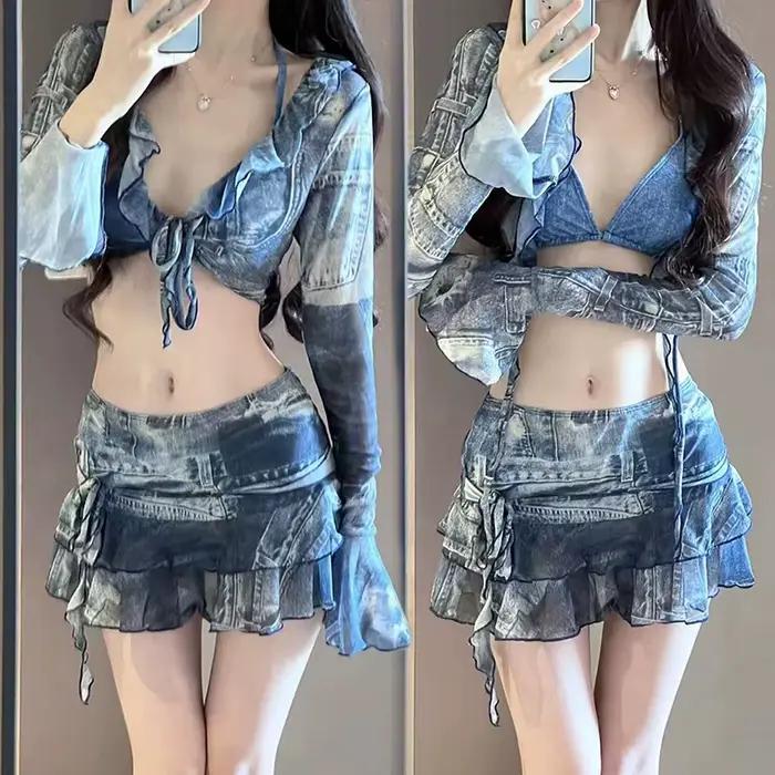 Bikini maillot de bain mode rétro Denim bleu