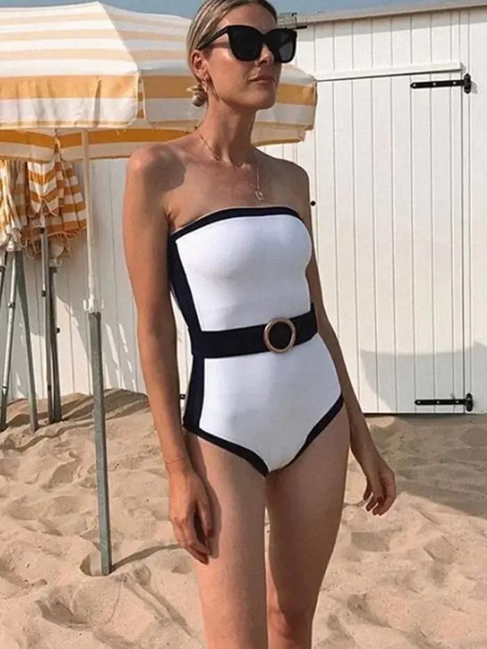 Maillot de bain une pièce pour femmes nouvelle collection 2025 noir et blanc épaules dénudées style monokini泳池女性泳装新款2025黑色白色肩部裸露单件式比基尼