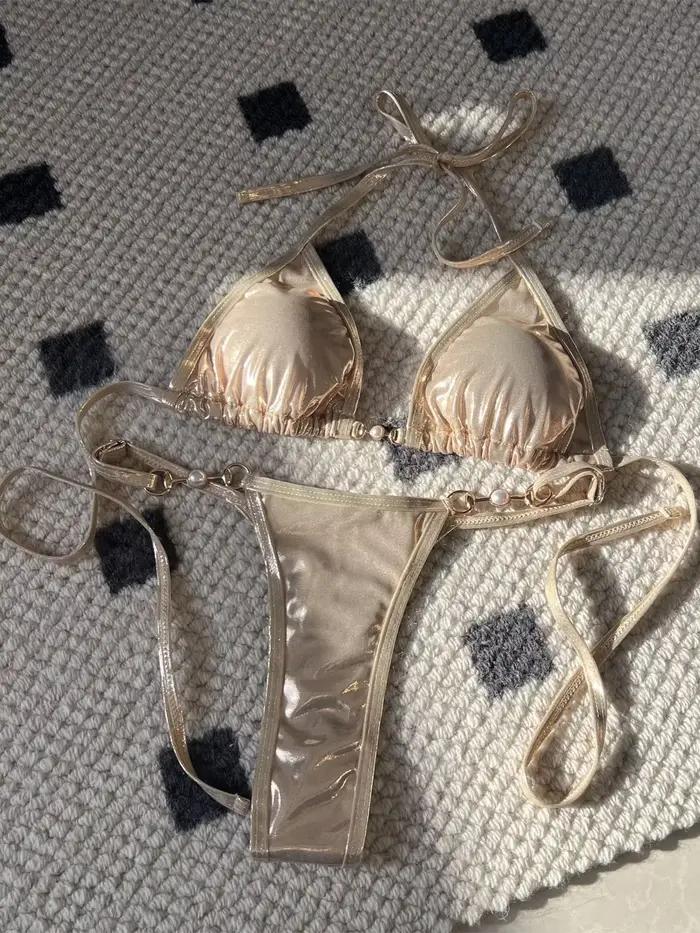Micro Bikini Rose Brillant 2026 Femme Sexy Push Up String Maillot de Bain Ete Bandage Occasions Speciales