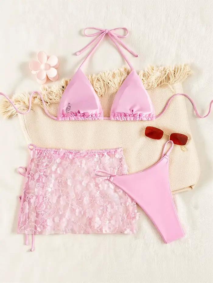 Ensemble de maillot de bain 3 pièces rose pailleté brillant avec soutien-gorge push-up et string