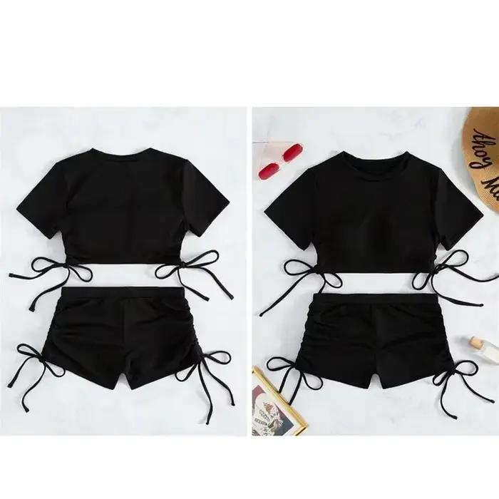 Ensemble de maillots de bain noir pour femmes avec haut court et short, côtelés, taille haute, amovible padding, pour plage et soirées estivales