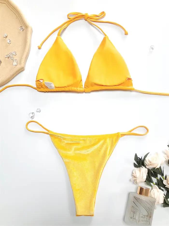 Bikini vintage velours pour femme, ensemble 2 pièces avec lacets, maillot de bain dos nu à col licou, pour plage, mariage et vacances