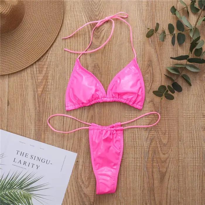 Maillot de bain en cuir PU brillant néon