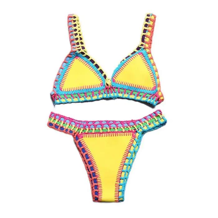 Bikini Crochet 2026 Fait Main Tricoté Patchwork Réversible 2 Pièces Maillot de Bain Femme Halter Top Brésilien String