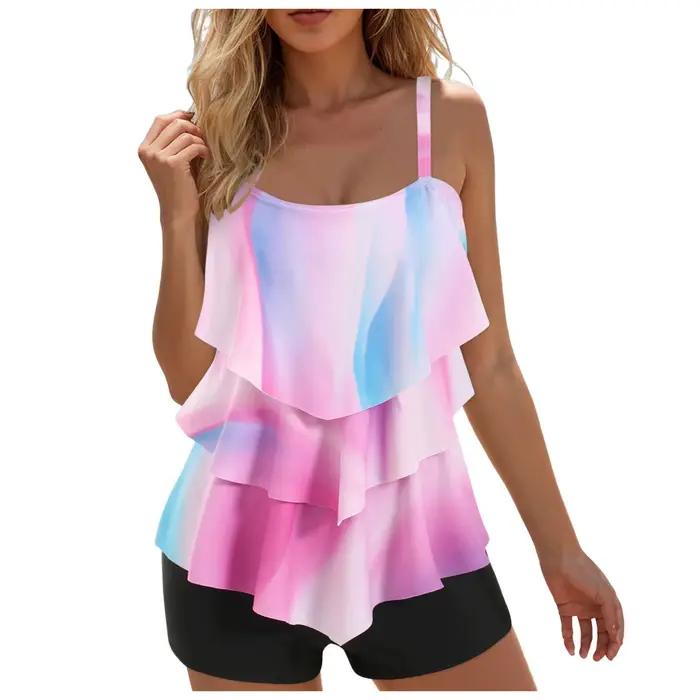 Bikini taille haute pour femmes, ensemble deux pièces sportif avec motif moiré, couleurs vibrantes, idéal pour la plage et la natation