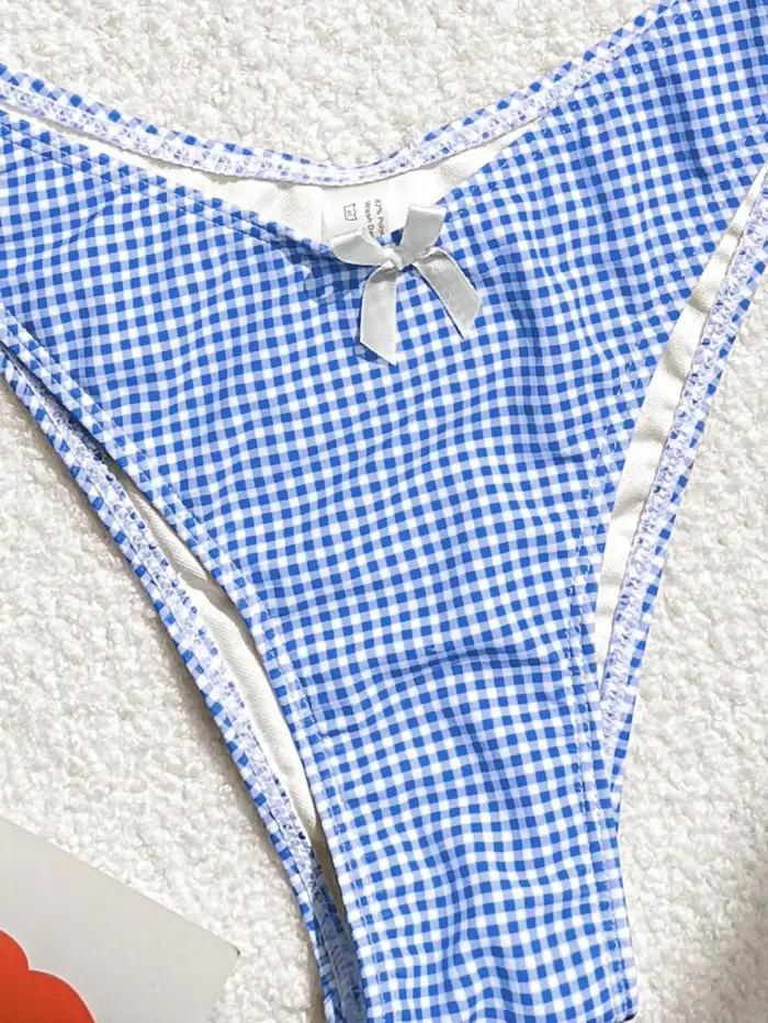 Maillot de bain deux pièces imprimé à carreaux bleus pour femmes, sexy, bretelles avec nœud, dos nu, ensemble Bikini taille haute, string, plage, mariage, vacances, fête à la piscine, spa et sources chaudes, sports nautiques, quotidien comme mode, croisière