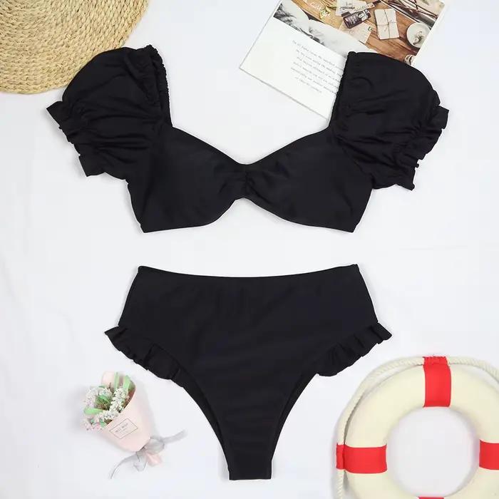 Maillot de bain sexy pour femme, ensemble bikini push-up uni, maillot de bain noir pour femme, vêtements de plage, maillot de bain rétro taille haute à bandage pour femme