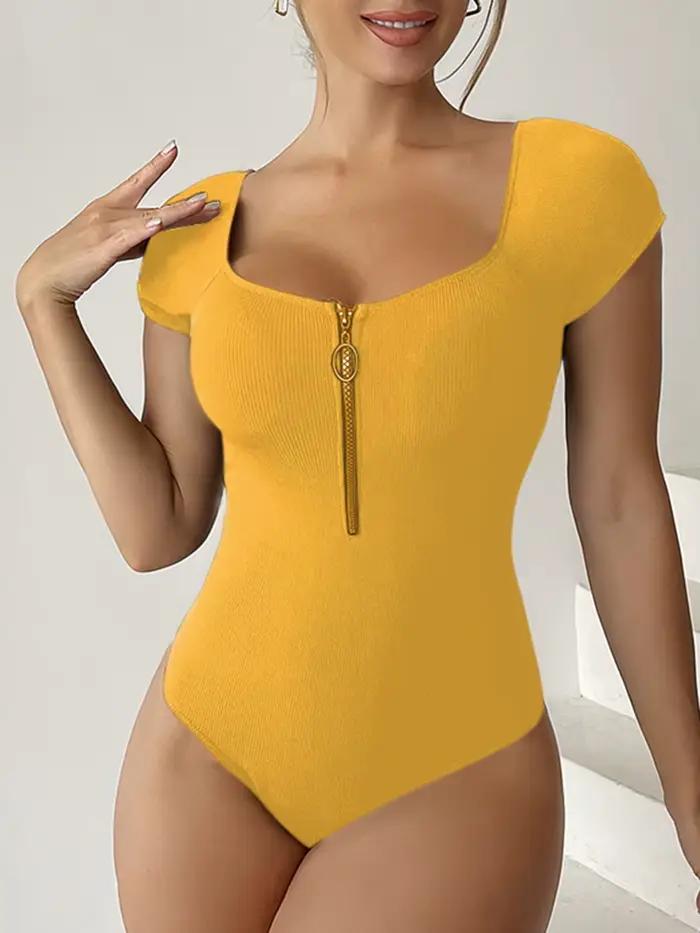 Maillot de bain une pièce pour femme en élasthanne et nylon solide avec fermeture éclair pour nage et détente plage couleur beige bleu brun noir taille S M L XL