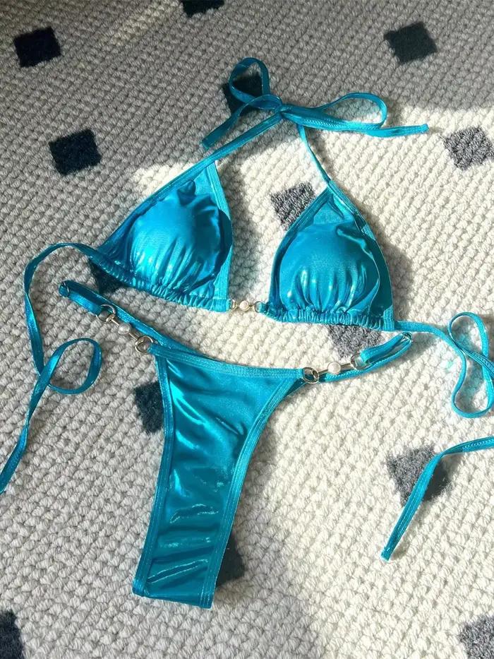 Micro Bikini Rose Brillant 2026 Femme Sexy Push Up String Maillot de Bain Ete Bandage Occasions Speciales