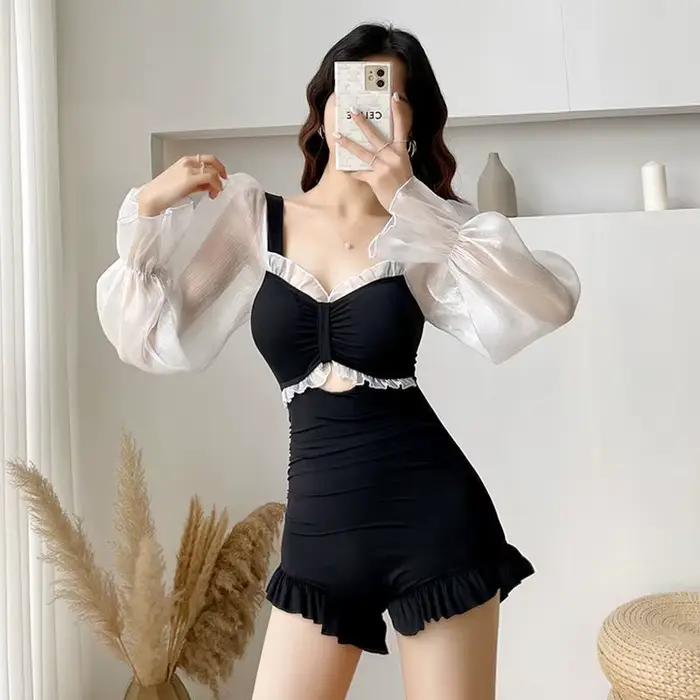 Robe de bain une pièce élégante noire transparente avec manches longues et volants pour femmes pour plage vacances et fêtes à la piscine