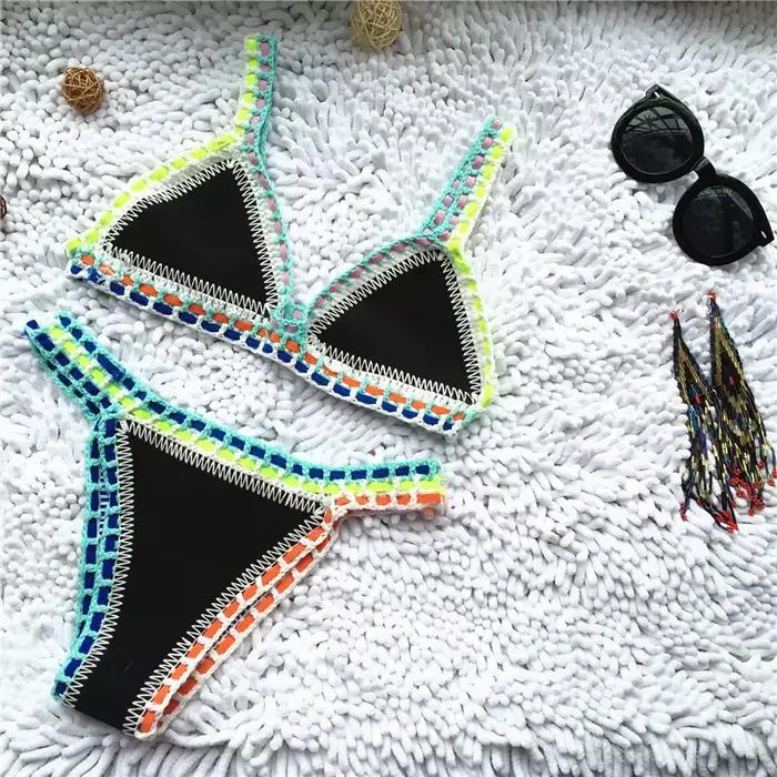 Bikini Crochet 2026 Fait Main Tricoté Patchwork Réversible 2 Pièces Maillot de Bain Femme Halter Top Brésilien String