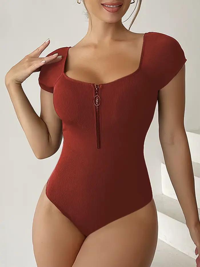 Maillot de bain une pièce pour femme en élasthanne et nylon solide avec fermeture éclair pour nage et détente plage couleur beige bleu brun noir taille S M L XL