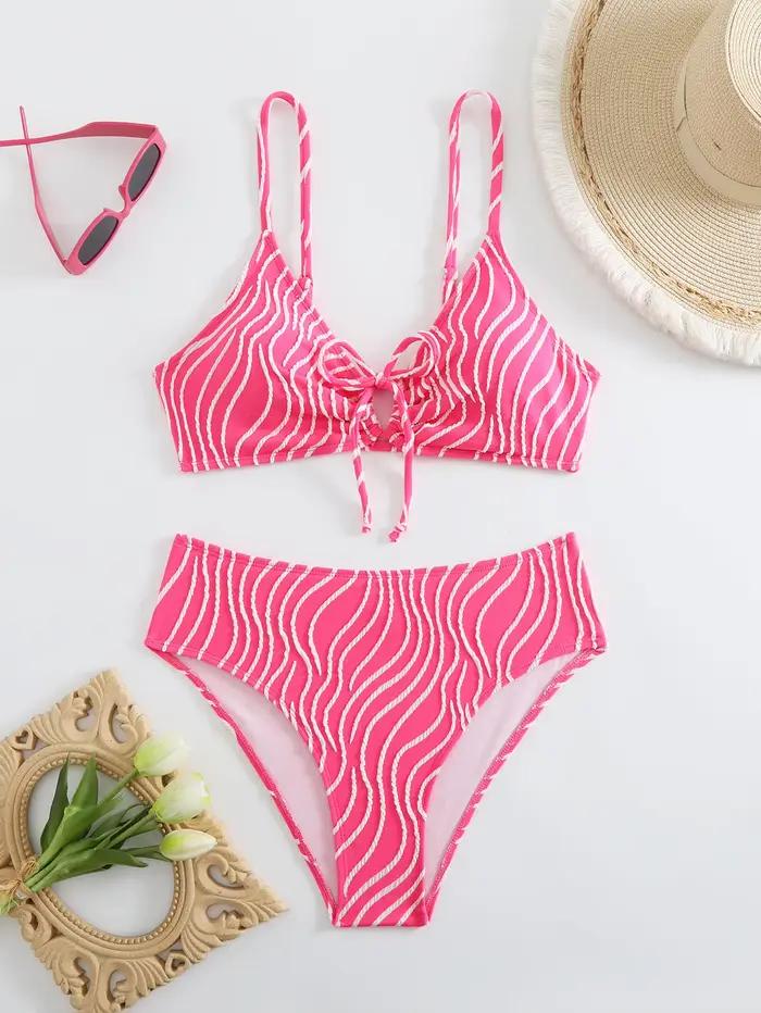 Bikini Taille Haute 2026 Femme Rayé Polyester Élégant Pour Plage Vacances Occasions Spéciales