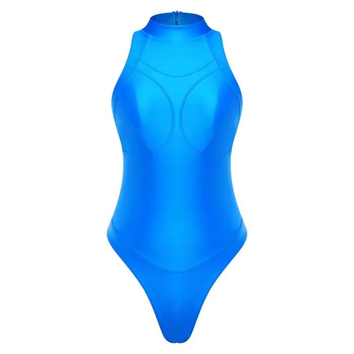 Maillot de bain une pièce brillant sans manches pour femme avec fermeture éclair au dos