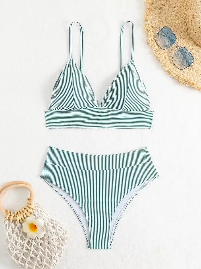 Maillot de bain bikini sexy rayé à volants pour femme 2026
