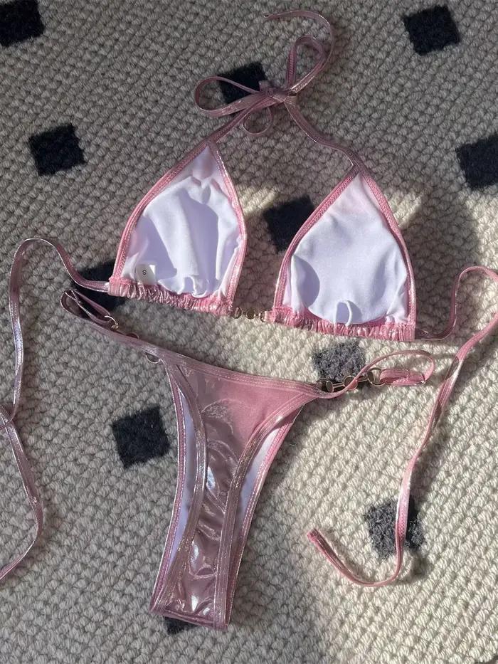 Micro Bikini Rose Brillant 2026 Femme Sexy Push Up String Maillot de Bain Ete Bandage Occasions Speciales