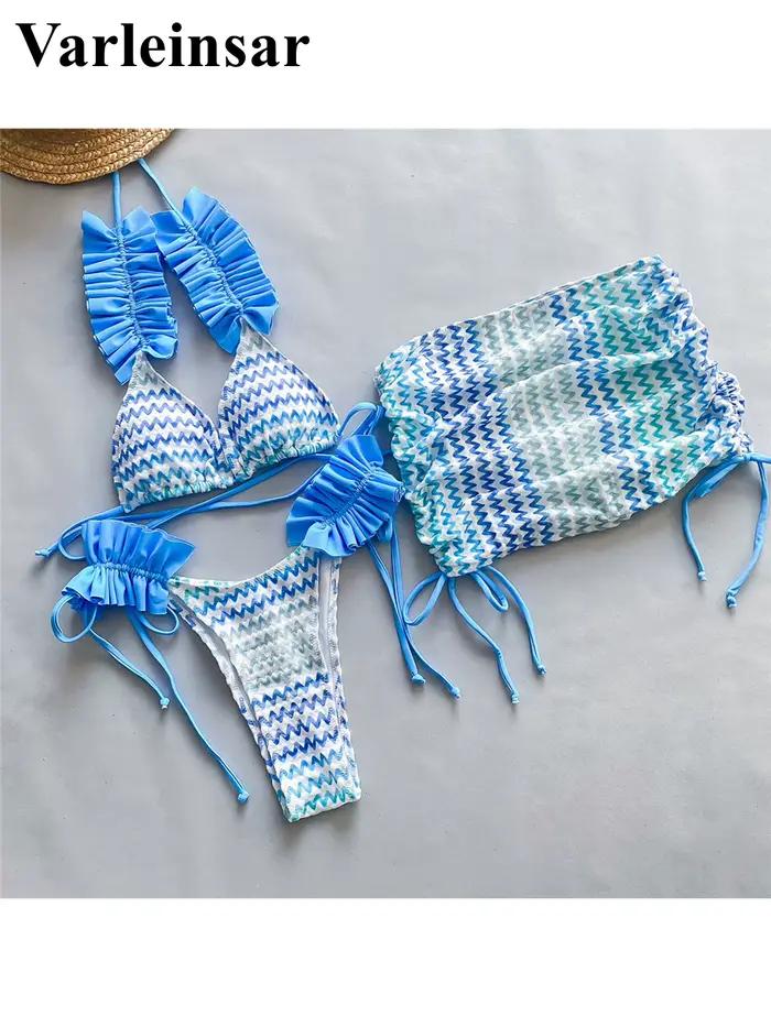 Maillot de bain femme trois pièces avec jupe ondulée à volants
