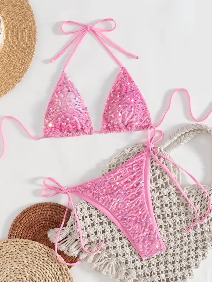 Bikini Rose à Paillettes Brillantes 2026 Femme Taille Basse Push-Up String à Nouer Plage Mariage Vacances Soirées Piscine