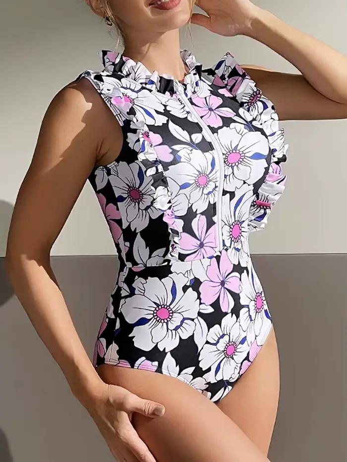 Maillot de Bain Femme Volants Floral Un Pièce Pour Natation Plage Occasions Spéciales