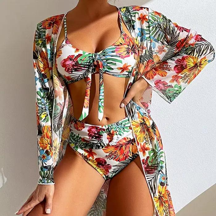 Maillot de bain 3 pièces imprimé floral sexy taille haute ensemble deux pièces pour femmes avec chemisier en maille à manches longues style jeunesse été 2025 garantie de haute qualité